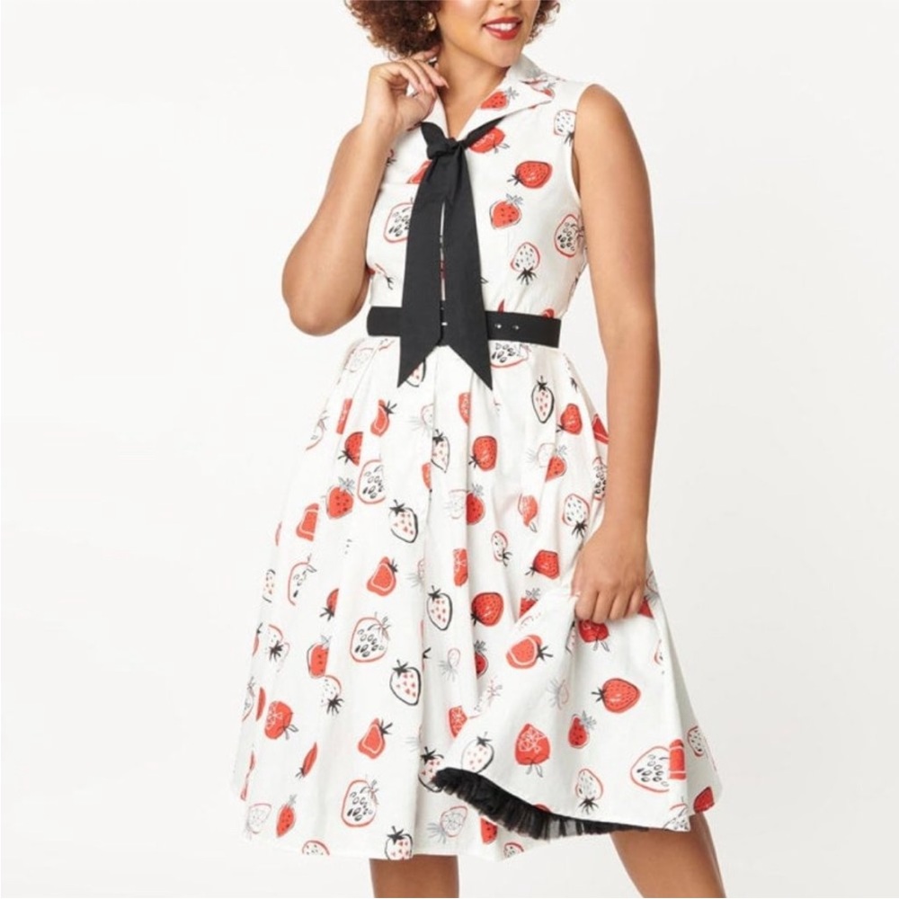 Unique Vintage White Strawberry Print Sleeveless Midi Dress with Black Bow